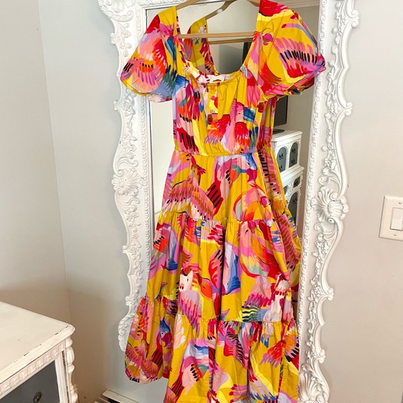 FARM RIO Neon Macaws Midi Puff Sleeve Dress - Picture 2 of 7